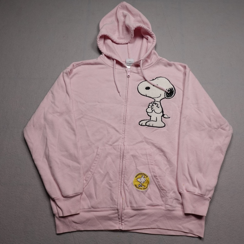 Peanuts Hoodie Womens L Pink Full Zip Hooded Fleece Snoopy Woodstock Patches